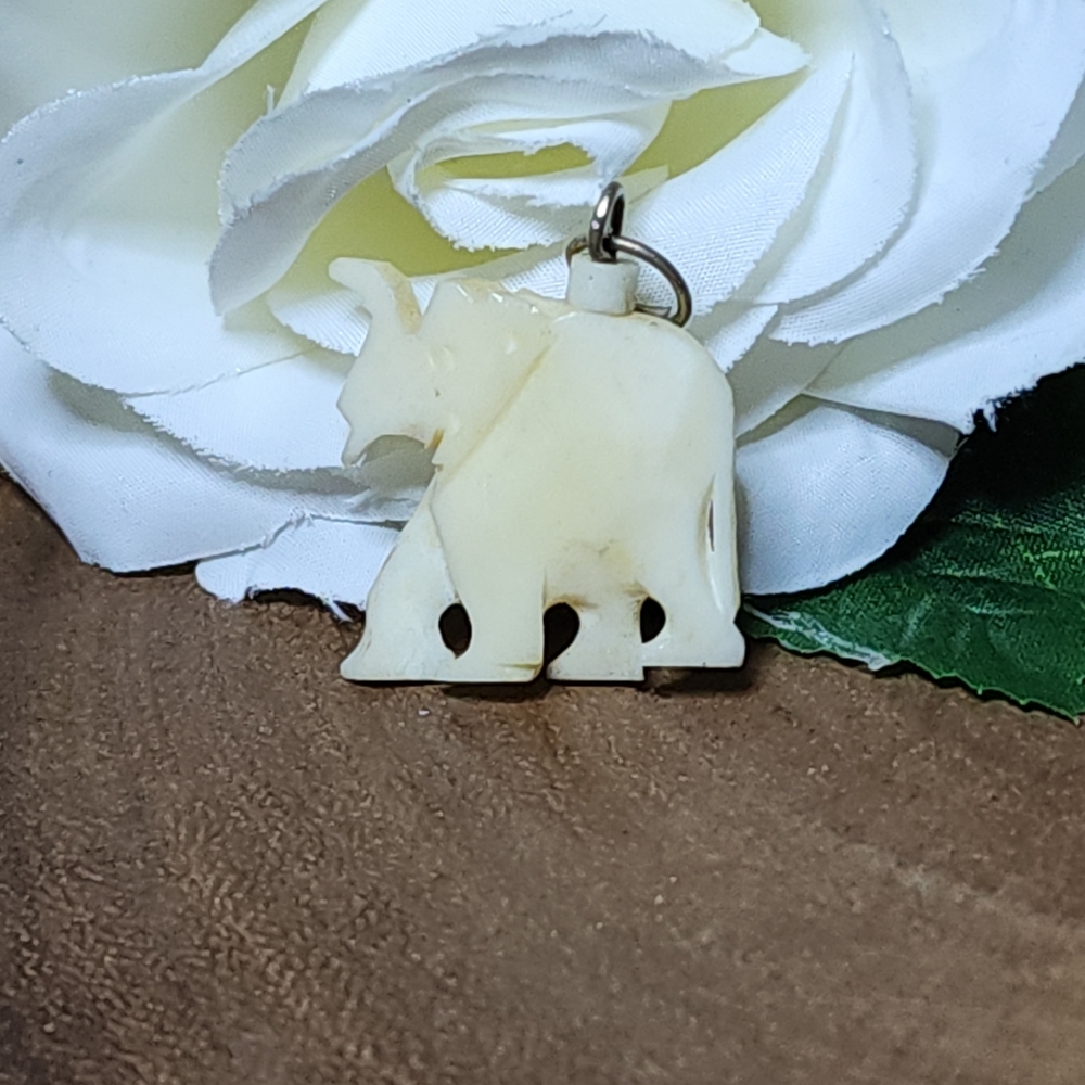 Vintage Cream Colored Carved Elephant Trunks Up Pendant